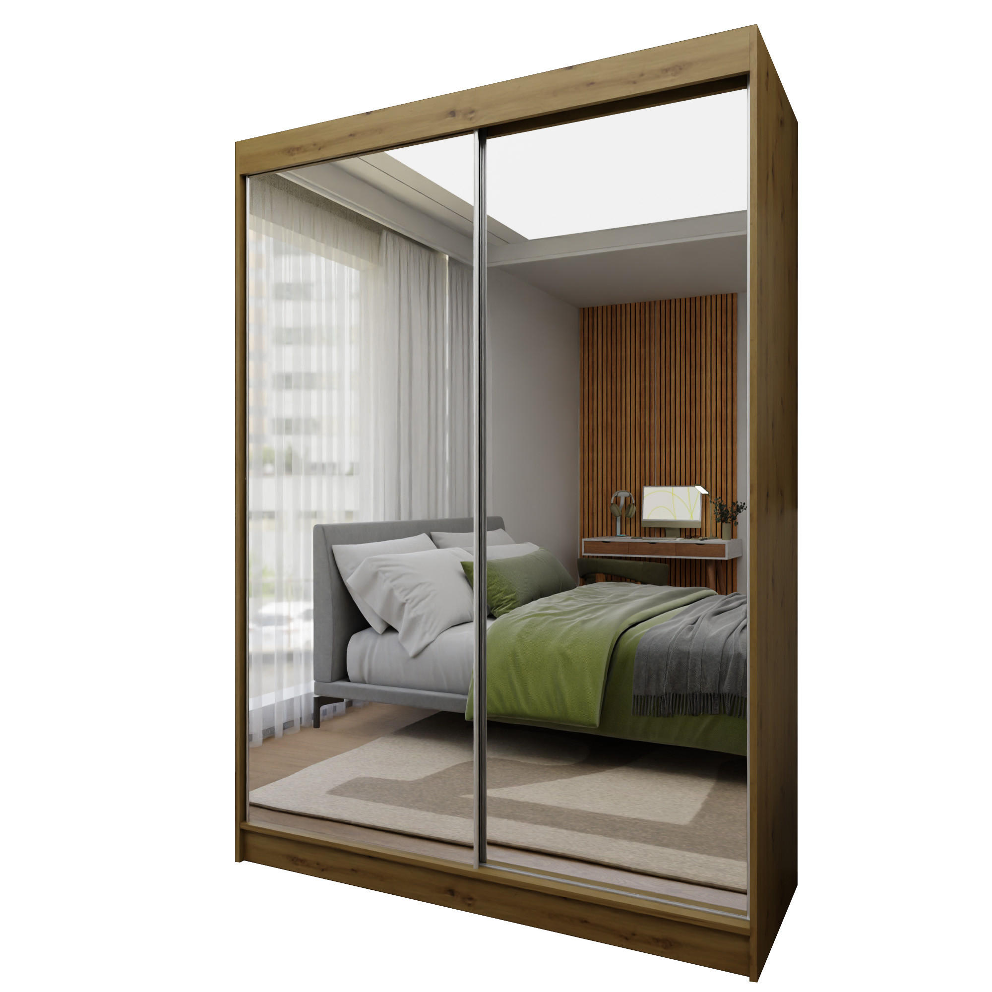 SCHWEBETÜRENSCHRANK BELLINA 150/216/61 cm 2-türig mit Spiegel Eiche Artisan - Eiche Artisan, Holzwerkstoff (150/216/61cm) - MASSENO