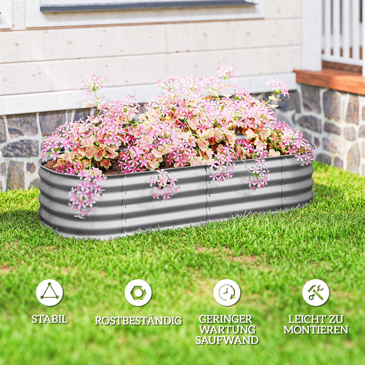 PFLANZENBEET, Kräuterbeet für Garten, Balkon, Silber, 150 x 62 x 30 cm - Silberfarben, Metall (62/30/150cm) - Outsunny