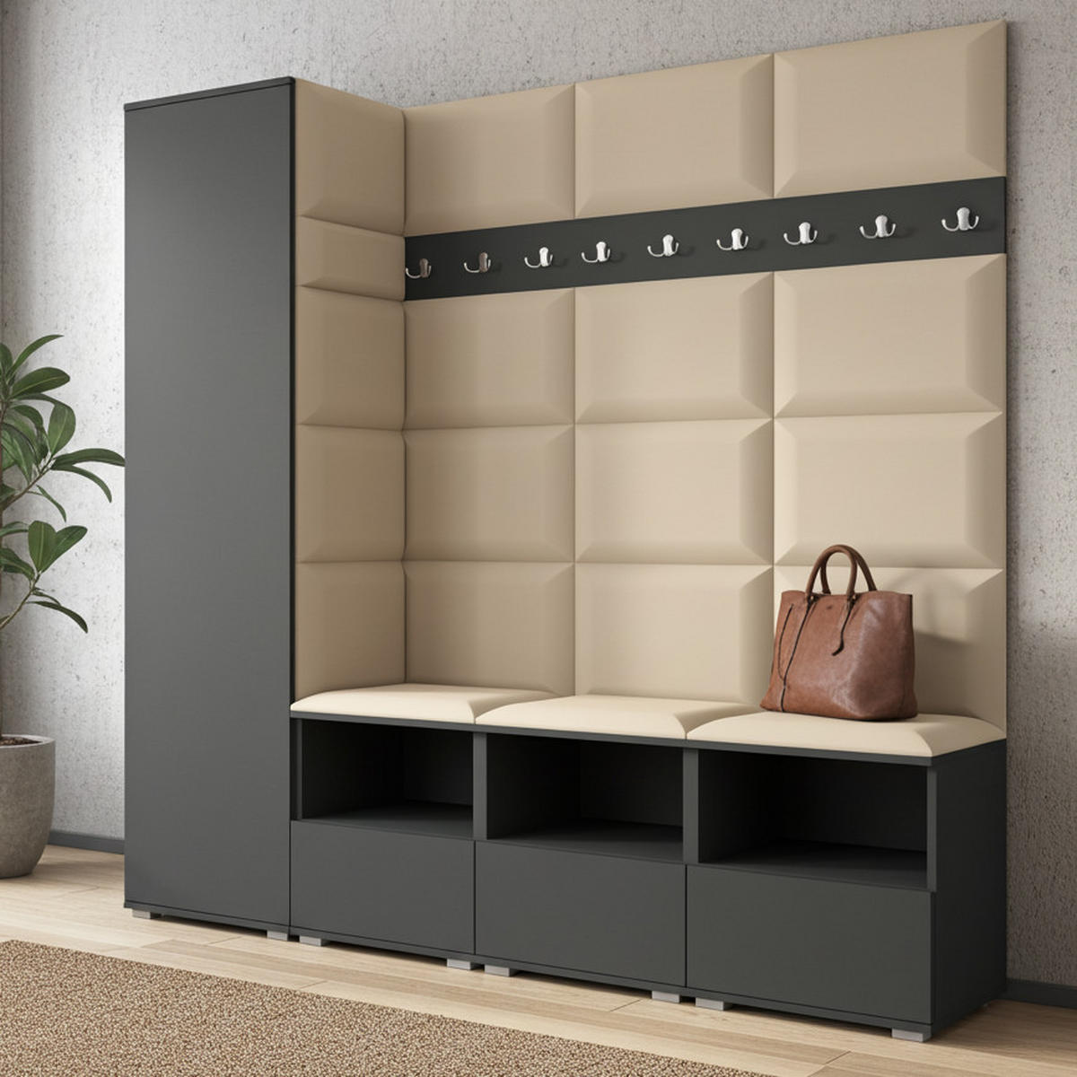 GARDEROBE NELA IX 200 cm (Modulare Flurmöbel Graphit mit Sitzpolster Beige 04 Breite Sitzbank) - Beige/Silberfarben, Holz/Holzwerkstoff (200/187/40cm) - Ravio
