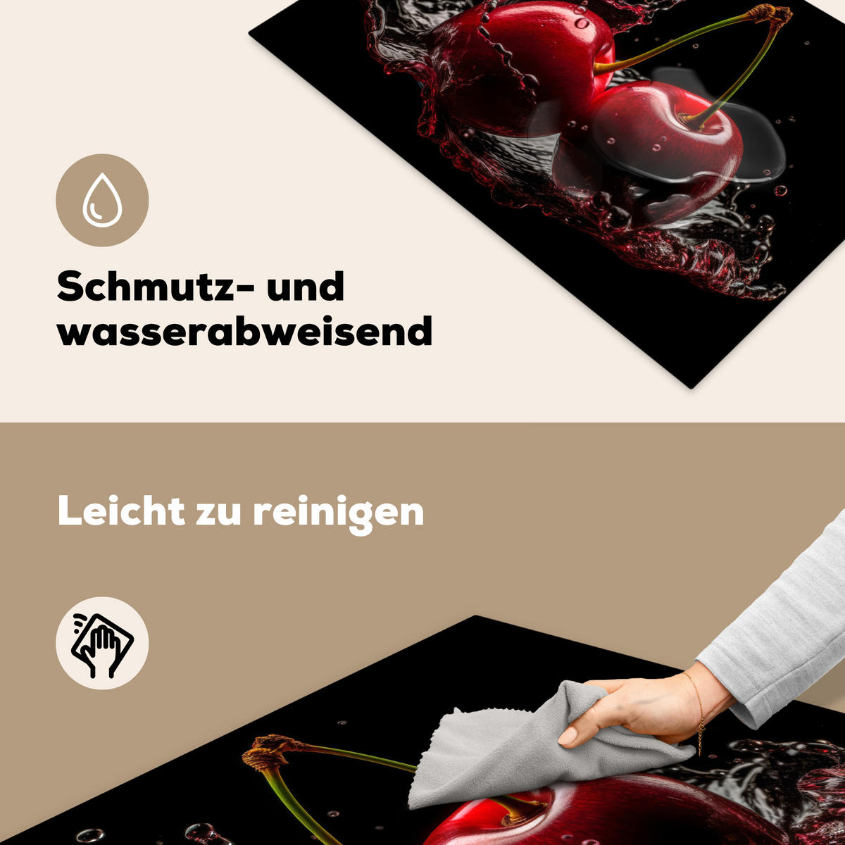 HERDABDECKPLATTE Kirsche - Rot - Frucht - Wasser - Schwarz 78x52 cm - Kirschrot, Kunststoff (78/0.2/52cm) - MuchoWow