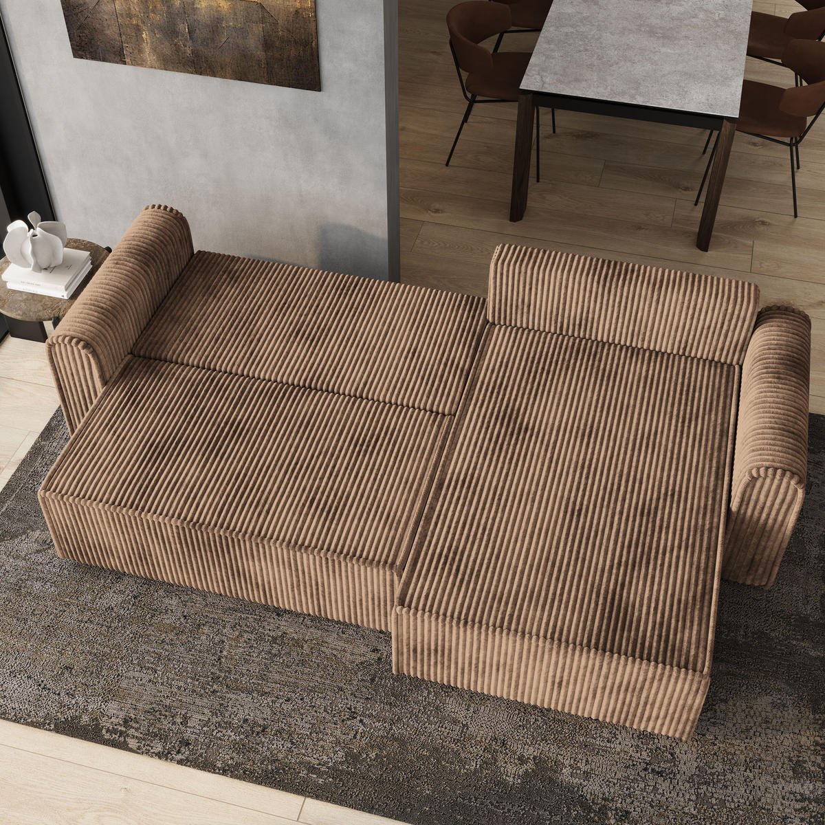 ECKSOFA VALTINO Beige Kordstoff mit Schlaffunktion - Beige, Holz (275/148cm) - MASSENO