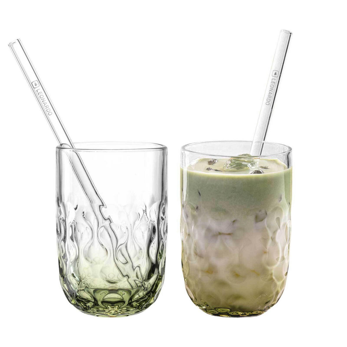 MATCHA LATTE GLÄSER MIT GLASTRINKHALM (2) Gocce grün 390 ml 2er Set - Grün, Glas (0.39L) - Leonardo Living