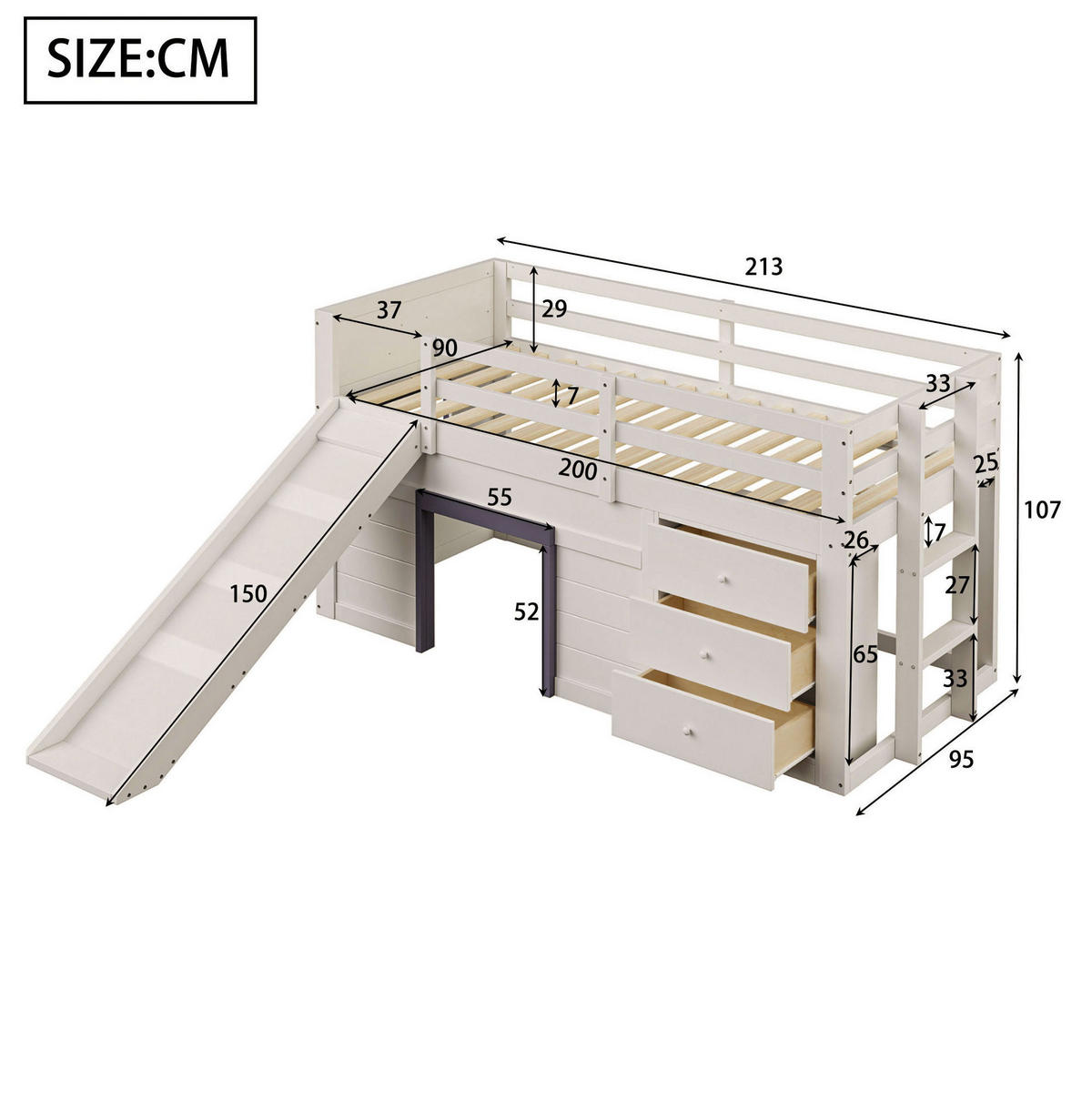 HOCHBETT 90/200 cm in Creme – mit Rutsche und Stauraum - Weiß, Holzwerkstoff (90/200cm) - BEAOK