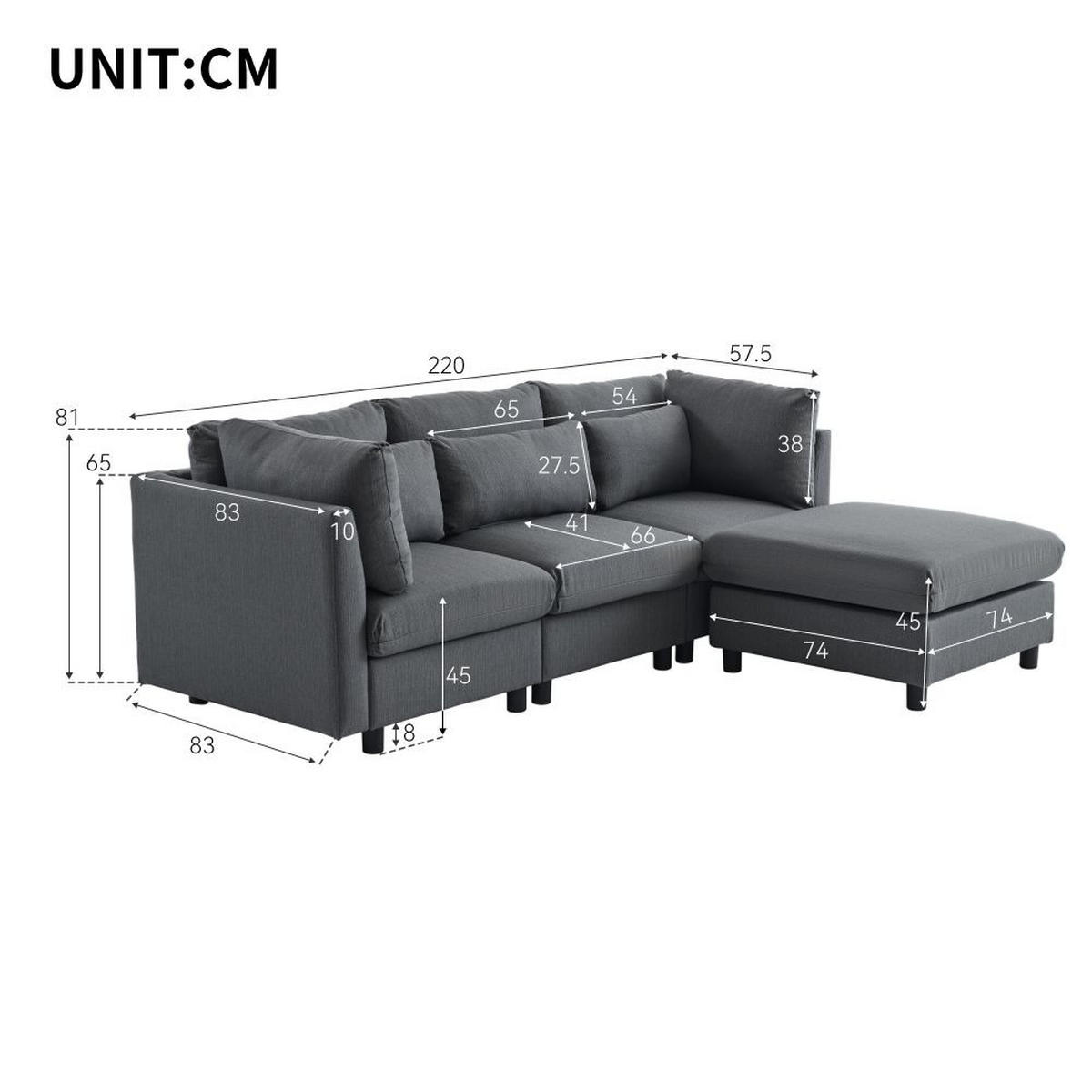 ECKSOFA in Grau Leinen mit Fußhocker - Grau, Textil (83/220cm) - KOMHTOM