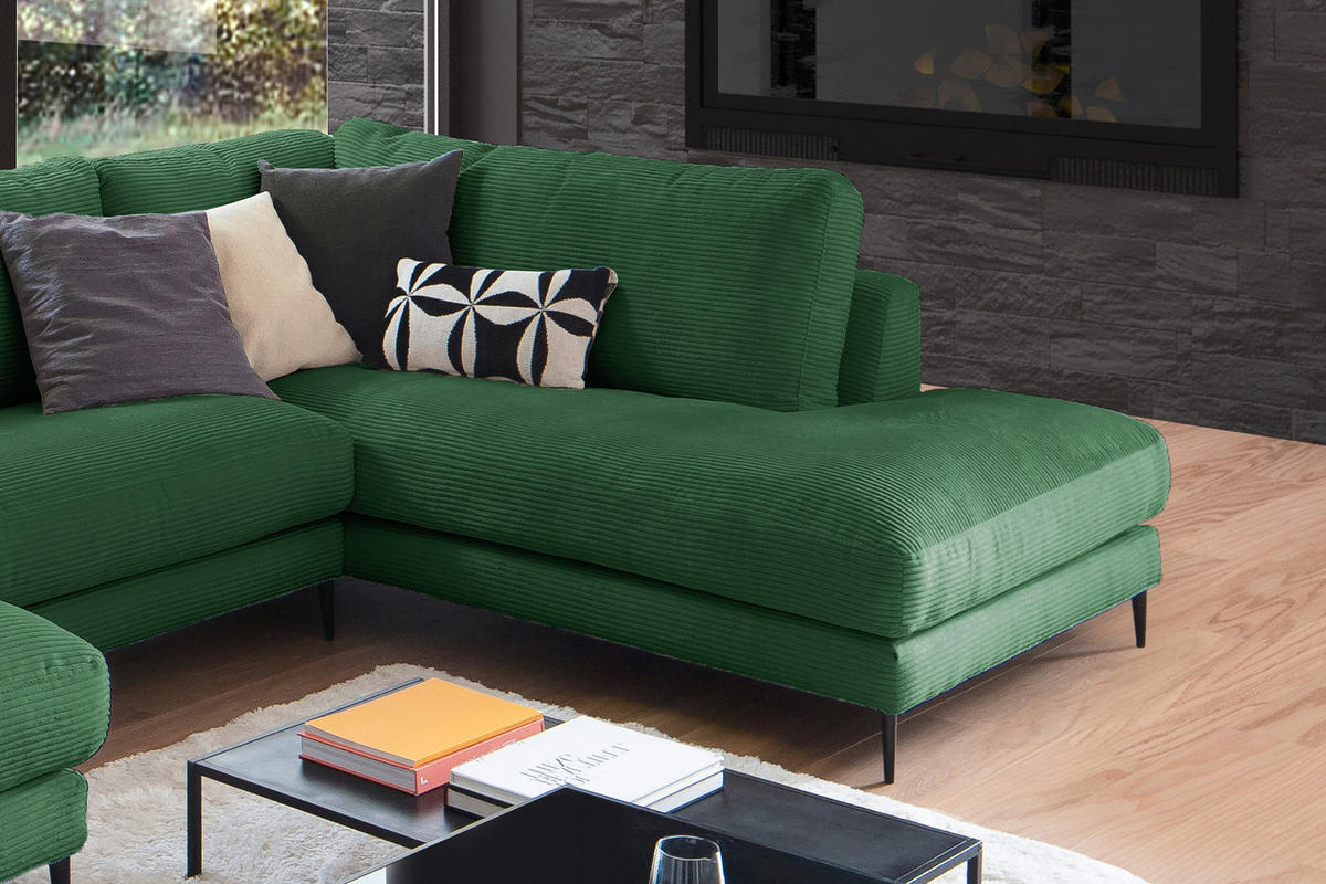 WOHNLANDSCHAFT CARA Smaragdgrün Cord - Smaragdgrün/Schwarz, Textil (341/84/223cm) - KAWOLA