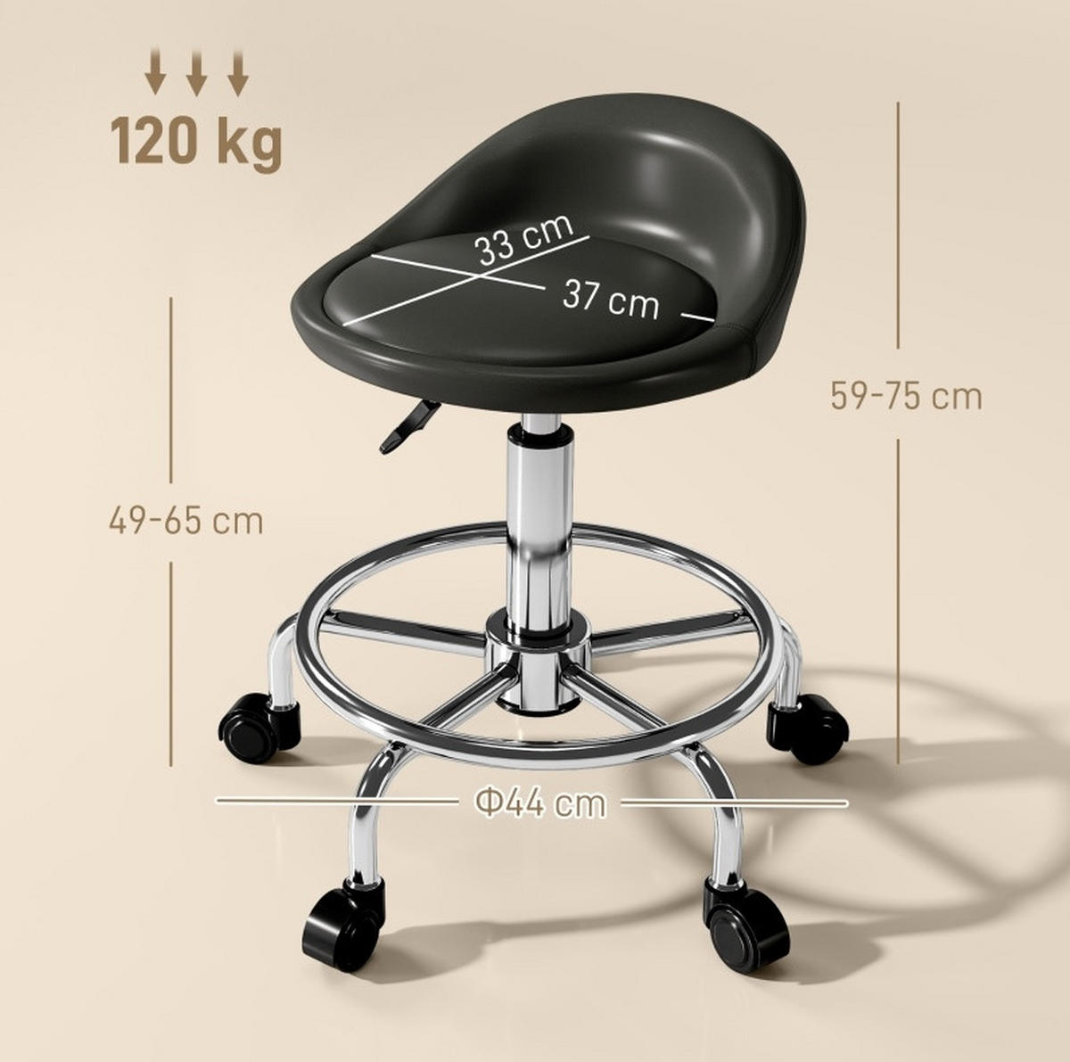 ROLLHOCKER in Schwarz 43x43x75 cm mit Rückenlehne, höhenverstellbar und 360° drehbar - Schwarz, Kunststoff (43/75/43cm) - IVMEU
