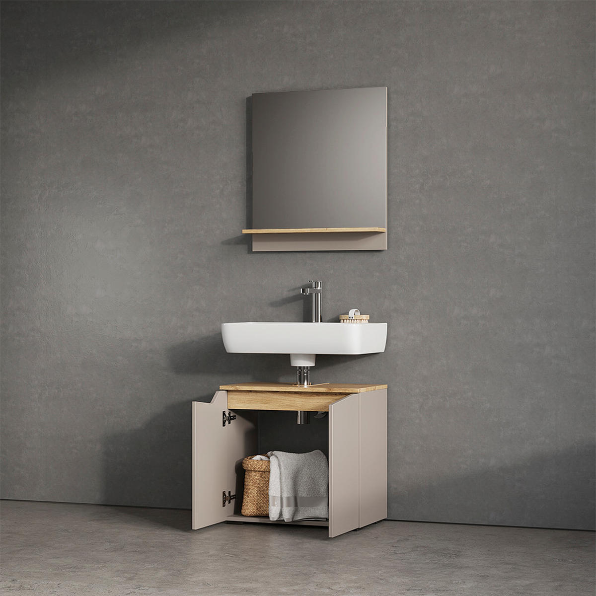 BADMÖBEL-SET Timavo Greige 2 Teile - Greige/Eiche Artisan, Holzwerkstoff (60/57/35cm) - Livinity®