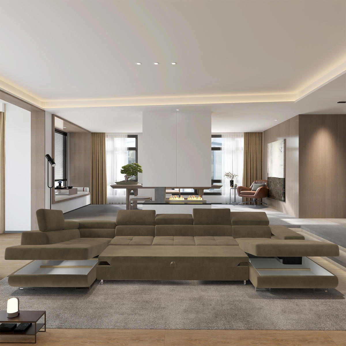 WOHNLANDSCHAFT TORIVA L-S Beige Velours-Stoff mit Schlaffunktion - Beige, Holz (418/90/202cm) - MASSENO