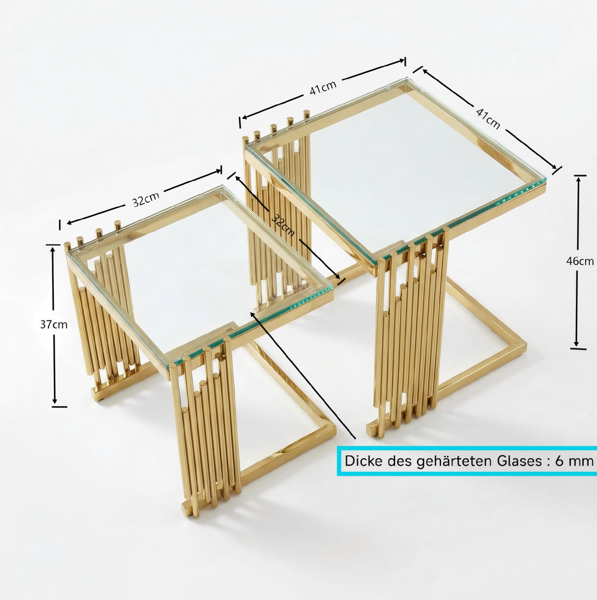 BEISTELLTISCH-SET aus Edelstahl 41x41x46 cm und gehärtetem Glas Gold/Klar, 2-teilig - Goldfarben, Metall (41/41/46cm) - IVMEU
