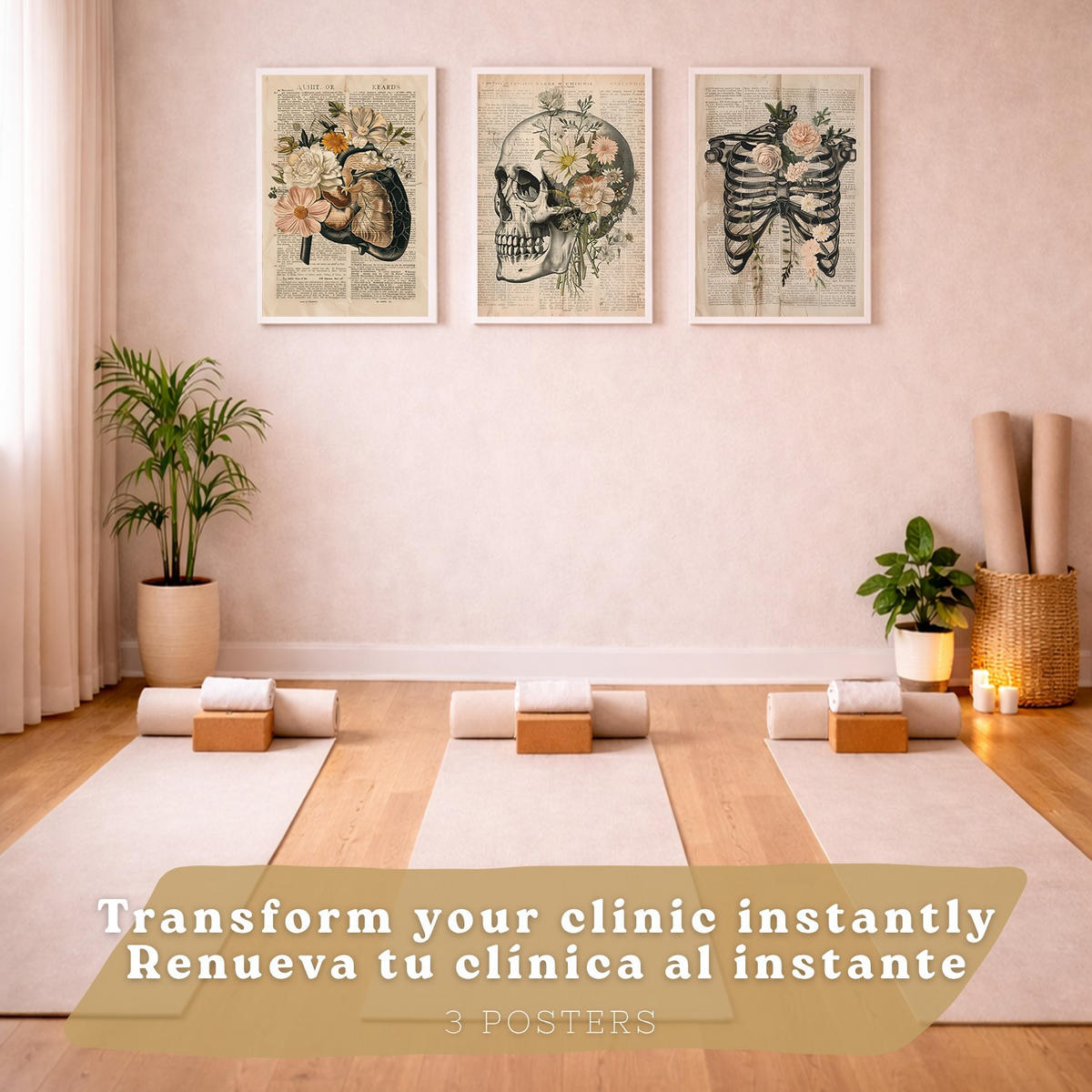 POSTER Set aus 3 Anatomie Mensch Drucke und Wandbilder mit Leber Rippen und Schädel Retro Floraler Stil Wanddekoration Größe Weißer Rahmen A3 - Weiß, Papier (29.7/42/3cm) - Nacnic
