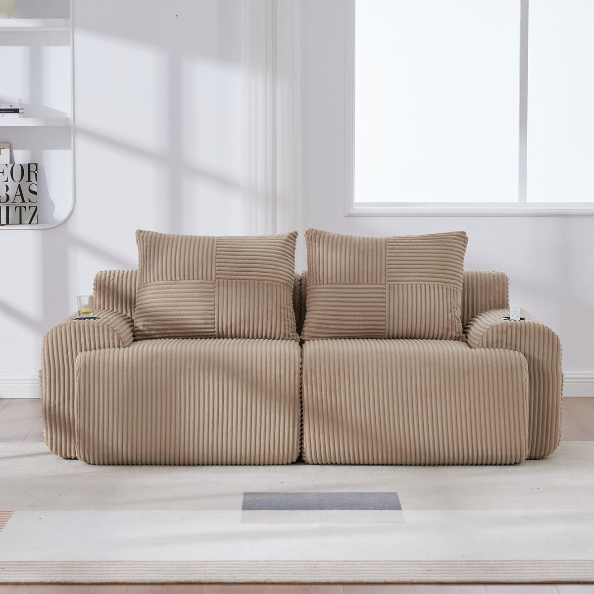 2-SITZER Sofa Cord mit Getränkehalter und Seitentasche 200/99/80 cm Sandfarben - Sandfarben, Textil (99/80/200cm) - Redom