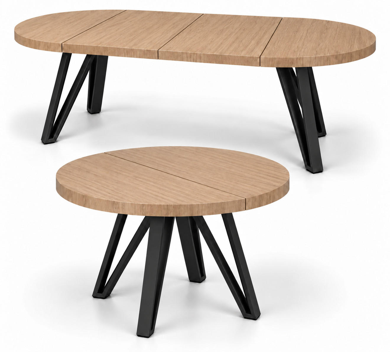 ESSTISCH rund ausziehbar 90/190/76 cm, Hellbraun Eiche Hikora Egger Natur, 54 cm Tischplatte + Industrial Metallgestell Schwarz - Hellbraun/Eichefarben, Holzwerkstoff/Metall (90/190/76cm) - Damale Möbel