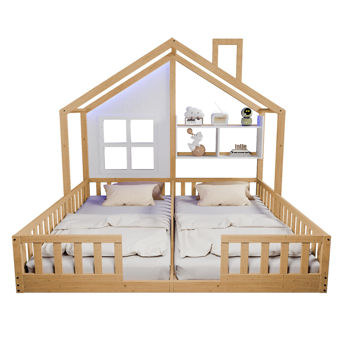 HAUSBETT 90/200 cm natur aus Massivholz und MDF mit LED und Sicherheitsgitter - Naturfarben, Holz (90/200cm) - OKWISH