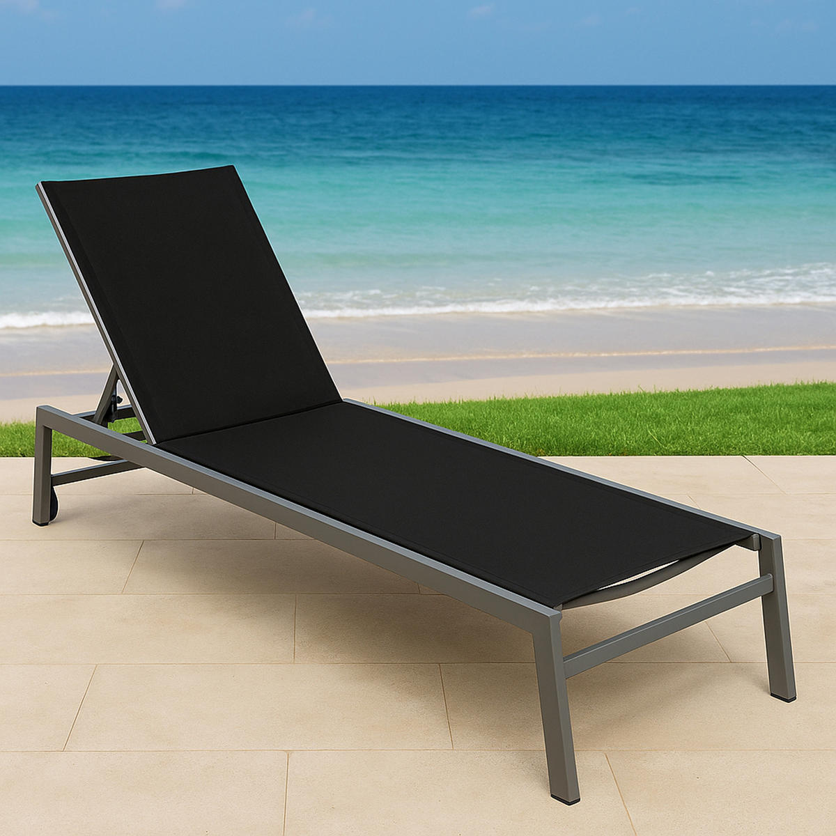 SONNENLIEGE Leeds Pro mit hohem Einstieg - mit Rollen - Alu silber + Textilgewebe schwarz - Grau, Metall (65/42/199cm) - TPFGarden