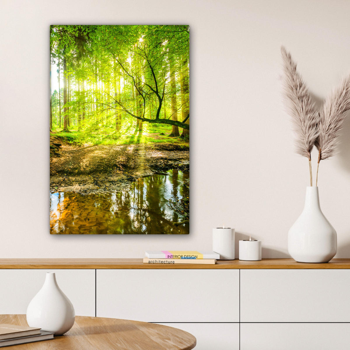 LEINWANDBILD Wald - Landschaft - Wasser - Bäume - Sonne - Grün - Natur Wanddeko Schlafzimmer 60x90 cm - Grün, Textil (60/90cm) - MuchoWow