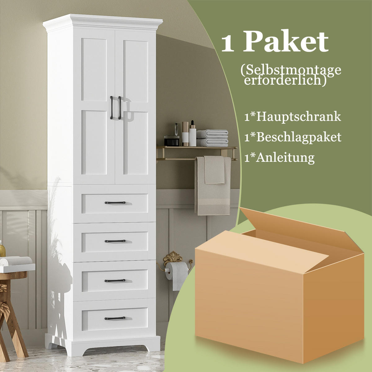 BADEZIMMERSCHRANK mit Schubladen, Einzelschrank, verstellbare Einlegeböden, Soft Close, Weiß - Weiß, Holz (57/180/38cm) - PARAFTA HOME