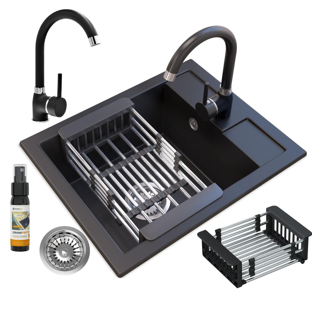 SPÜLBECKEN Best mit Batterie, Siphon - Schwarz, Kunststoff/Stein (40/50/18cm) - Granitan