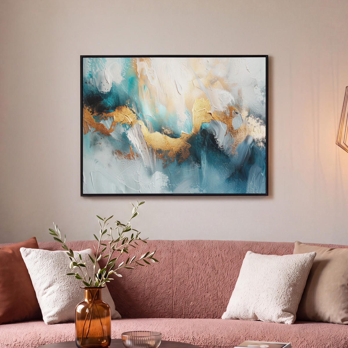 LEINWAND Bilder mit Rahmen - Abstrakt - Kunst - Gold - Blau - 70x50 - Petrol, Textil (70/50cm) - MuchoWow