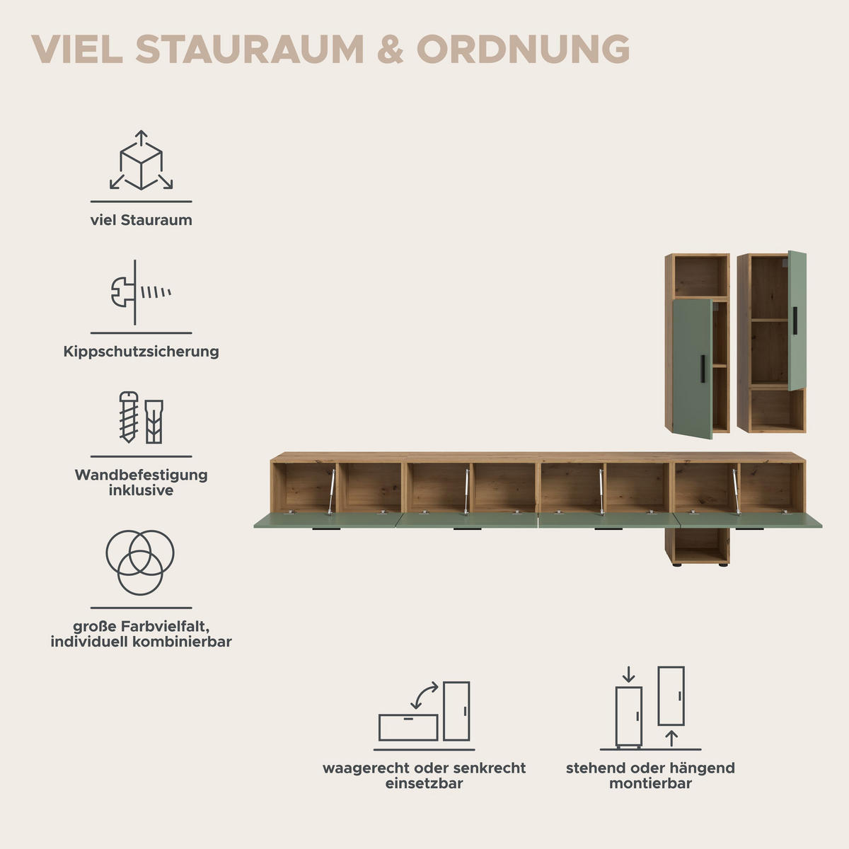 WOHNWAND Primo 6 tlg. (B/H/T: ca. 300/178/34 cm) in Artisan Oak /Smoke Green - Eiche Artisan, Holzwerkstoff (300/178/34cm)
