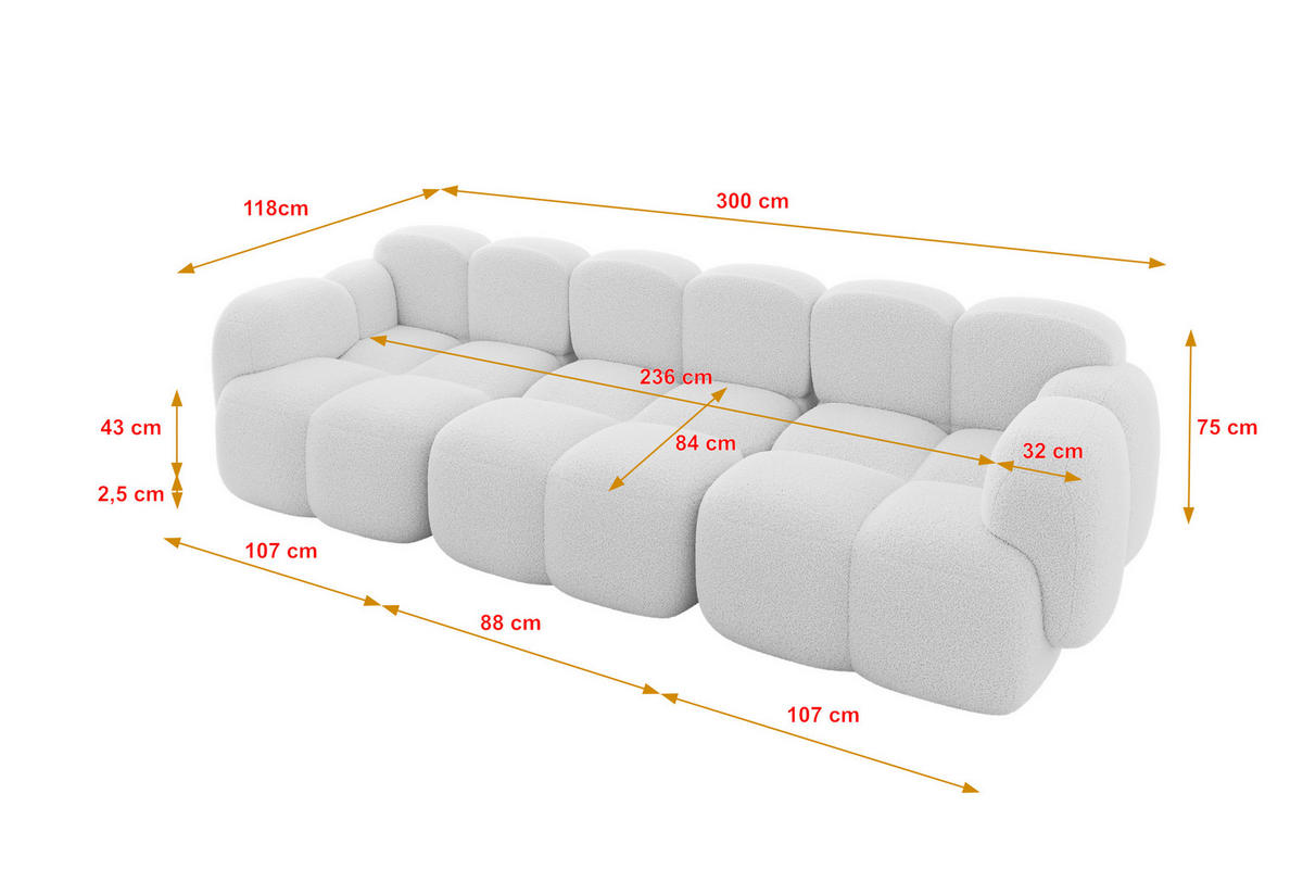 3-SITZER modulares Sofa Miko-S2 300x118x75 cm Weiß Bouclé - Schwarz/Weiß, Holzwerkstoff/Kunststoff (300/75/118cm) - ALTDECOR