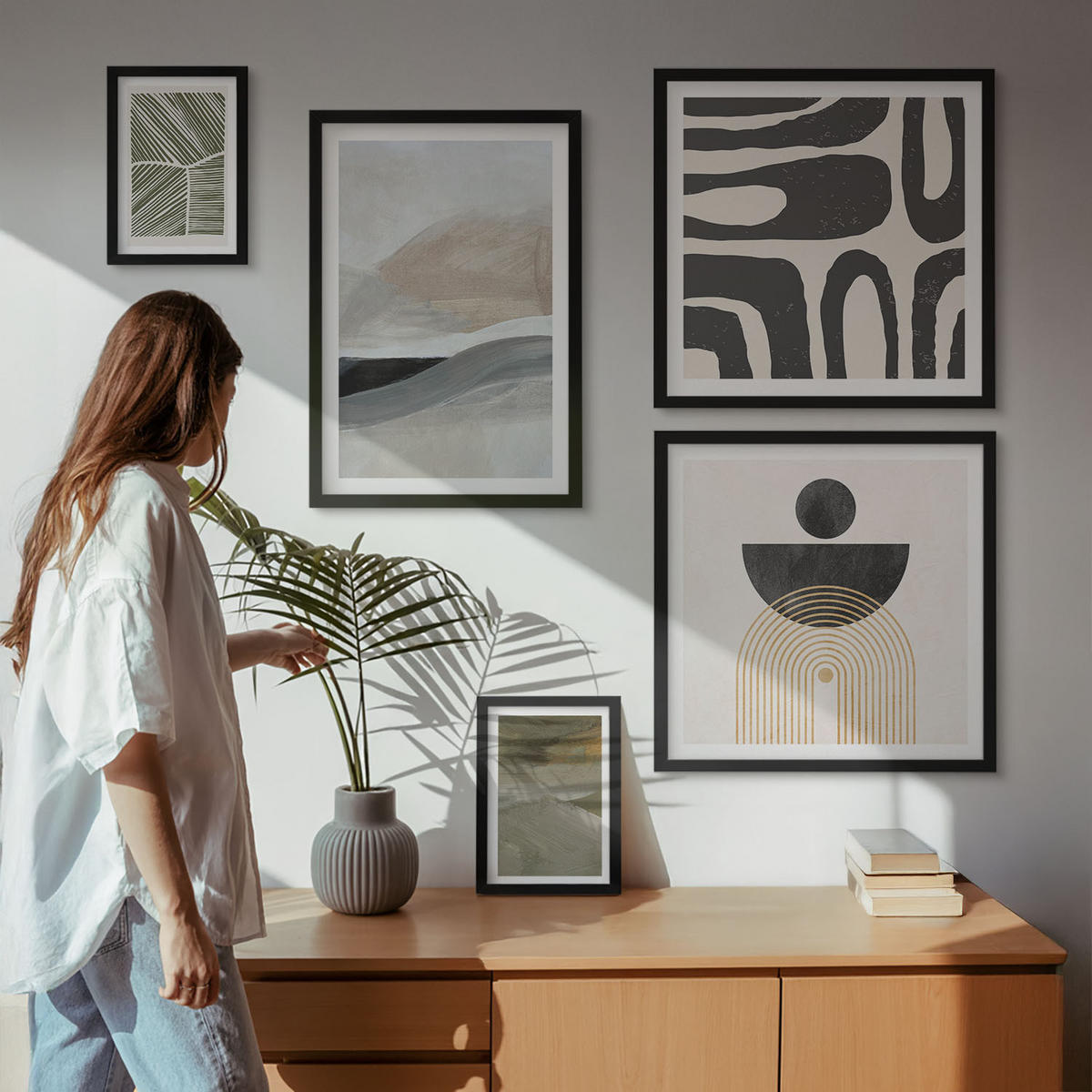 BILDER SET 5er Set - 50x50 cm & 20x30 cm & 40x60 cm Schwarzer Rahmen - Gemalte abstrakte Dekorationen - Schwarz, Kunststoff (40/60cm) - TULUP