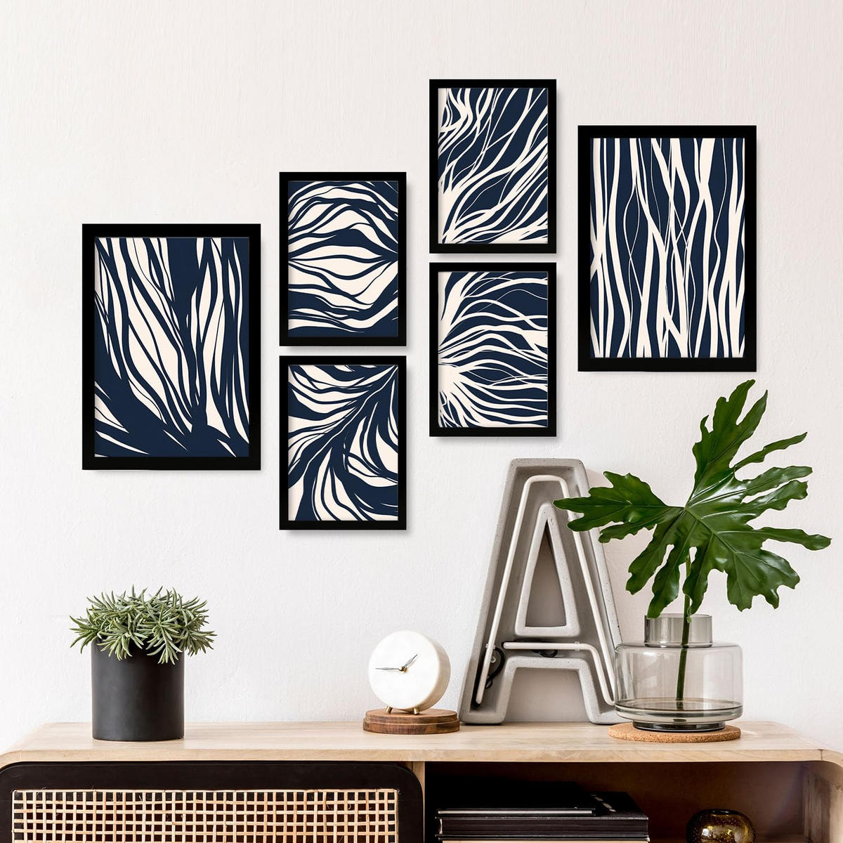 POSTER Set Mit 6 Zweigmuster In Abstrakter Form Ästhetische Dekodrucke Für Ihr Wohnzimmer, Schlafzimmer Oder Zuhause A3 & A4 Schwarzer Rahmen - Schwarz, Papier (29/3cm) - Nacnic