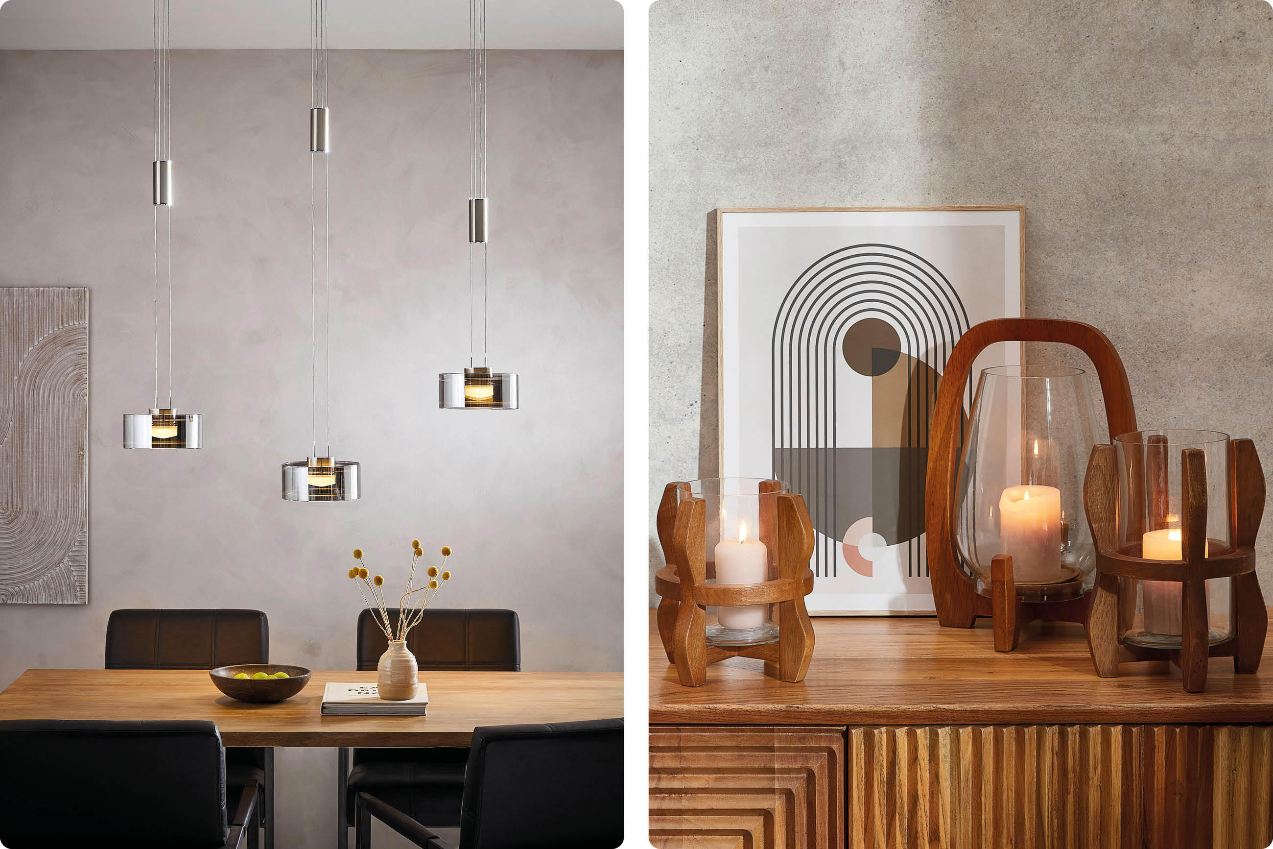 Esszimmer mit hängenden Pendelleuchten über einem Holztisch und dekorativen Kerzenhaltern vor einem gerahmten abstrakten Bild