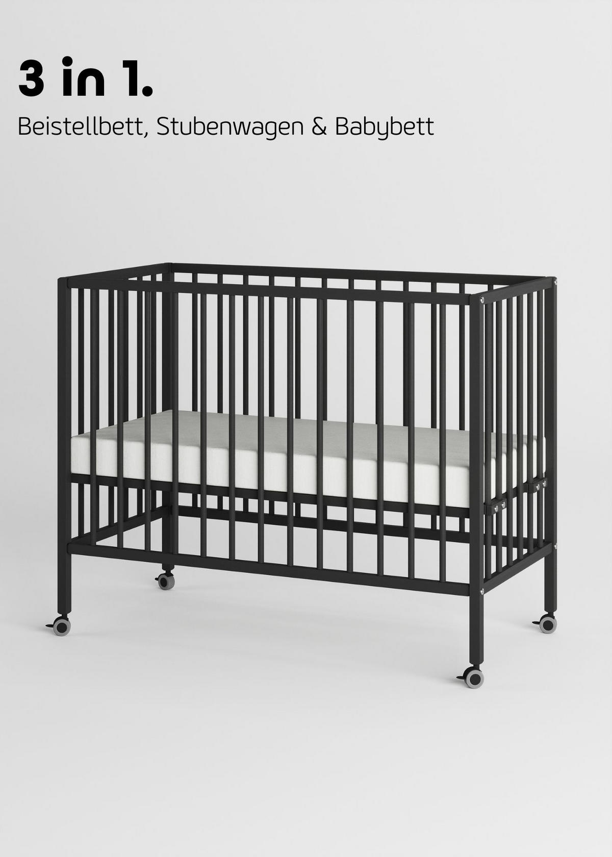 BEISTELLBETT Matratze SleepPlus Rollen & Umbauseite BLACK EDITION Dreamy 4in1 - Schwarz, Holz (120/90/60cm) - Sämann – make a difference.