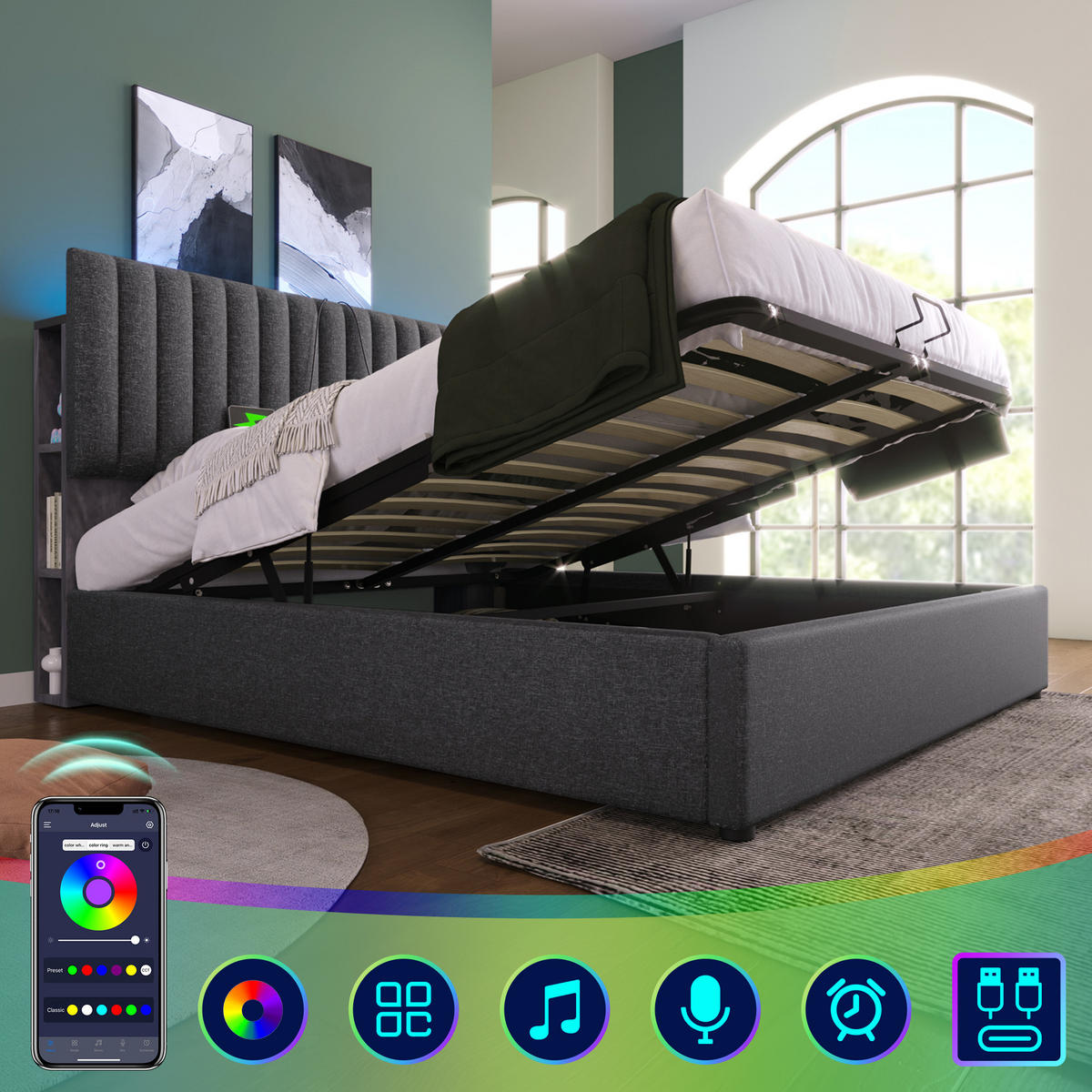 STAURAUMBETT 160/200 cm DE-00677, in Grau, LED-App und verstellbarem Kopfteil - Grau, Metall (160/200cm) - ComfortXL