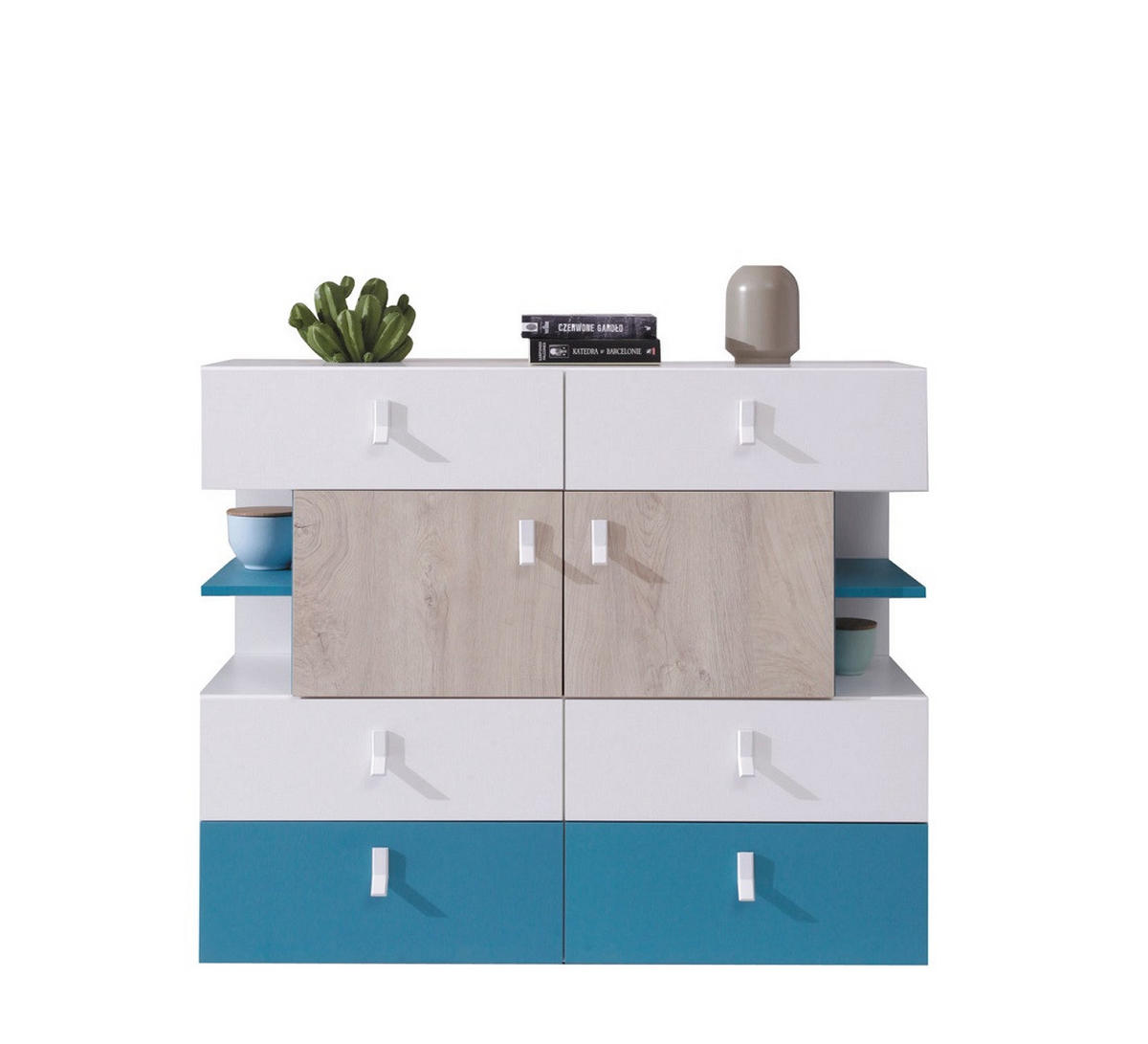 JUGENDZIMMER Space Set C 6-teilig - Weiß-Eiche-Türkis - Türkis/Eichefarben, Holzwerkstoff (80/190/50cm) - QMM TraumMöbel