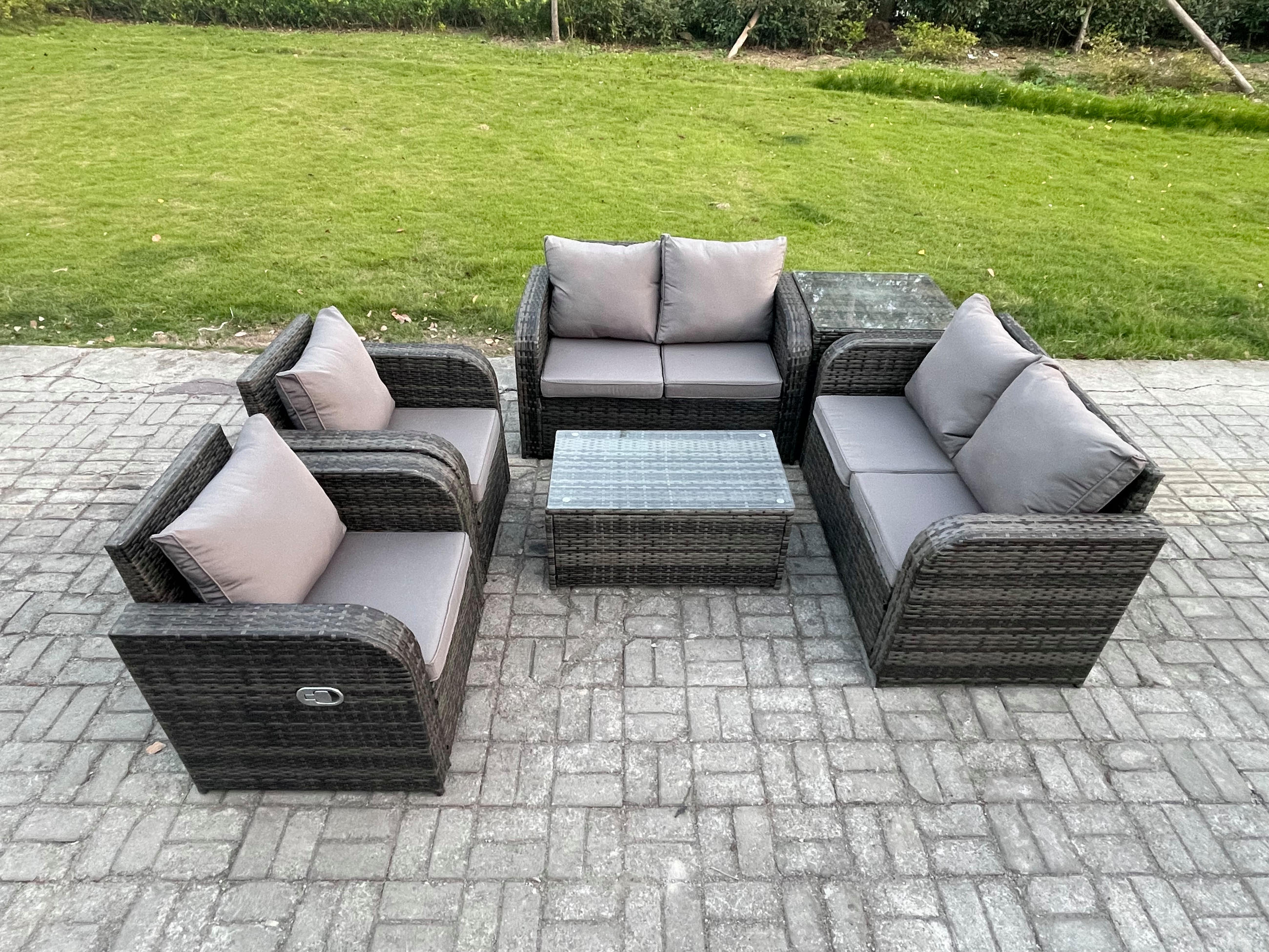 GARTENLOUNGE-SET Polyrattan Dunkelgrau 7-Sitzer - Dunkelgrau, Metall - Fimous