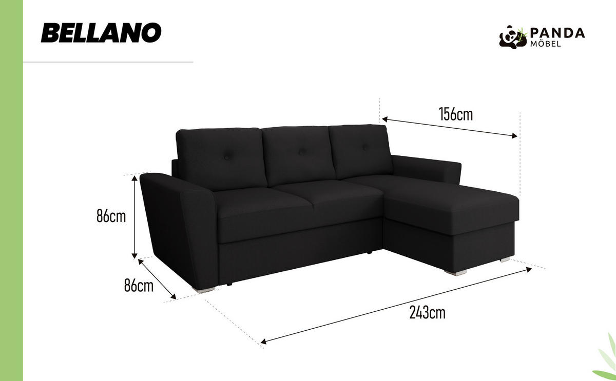 ECKSOFA Bellano Ecksofa L-Form - links oder rechts montierbar, schwarz - Schwarz, Holz (243/156cm) - Panda Möbel
