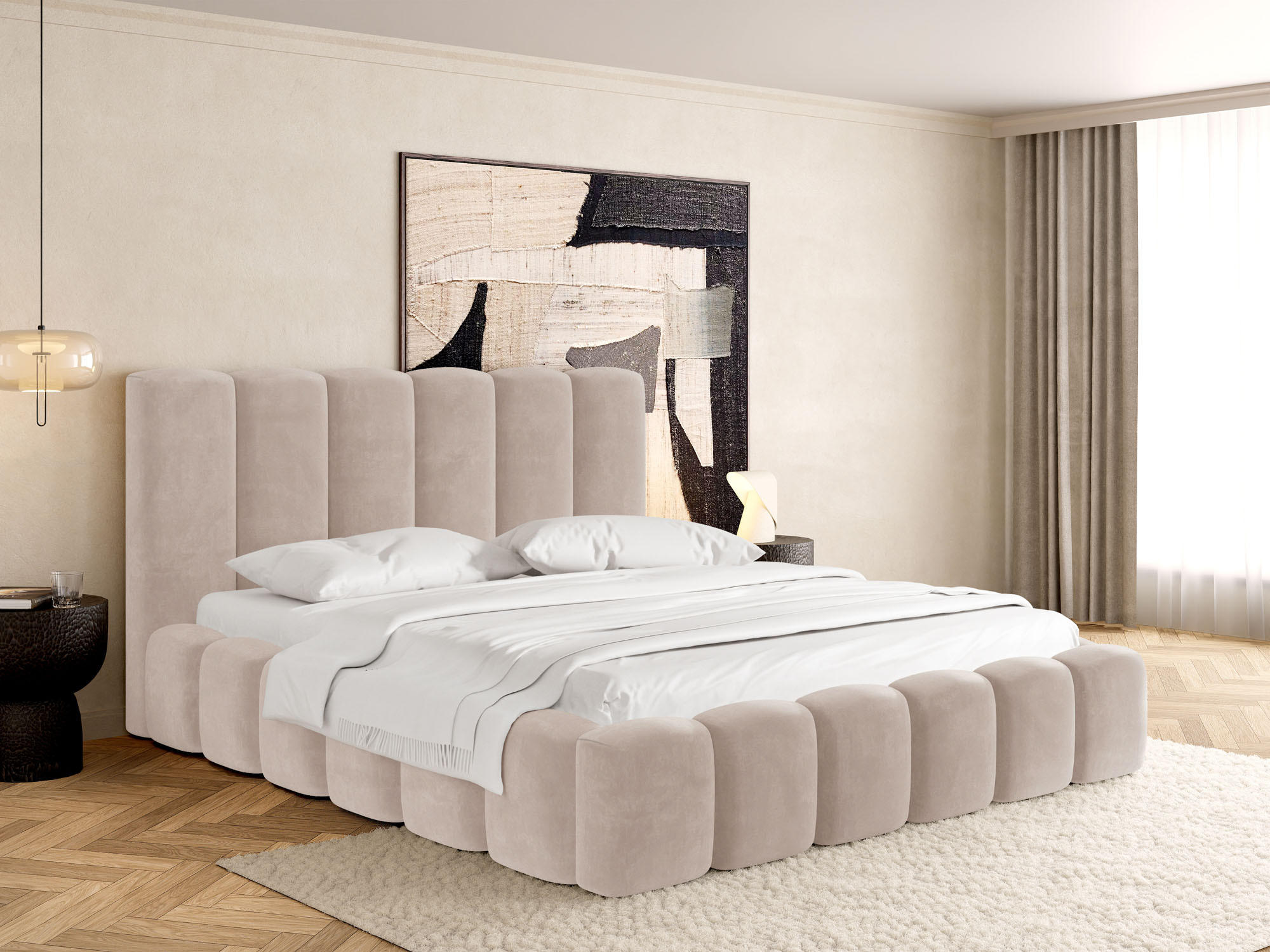POLSTERBETT Serenity mit Bettkasten, Beige Samt 180x200 cm - Beige/Birkefarben, Holz/Holzwerkstoff (180/200cm) - WFL GROUP