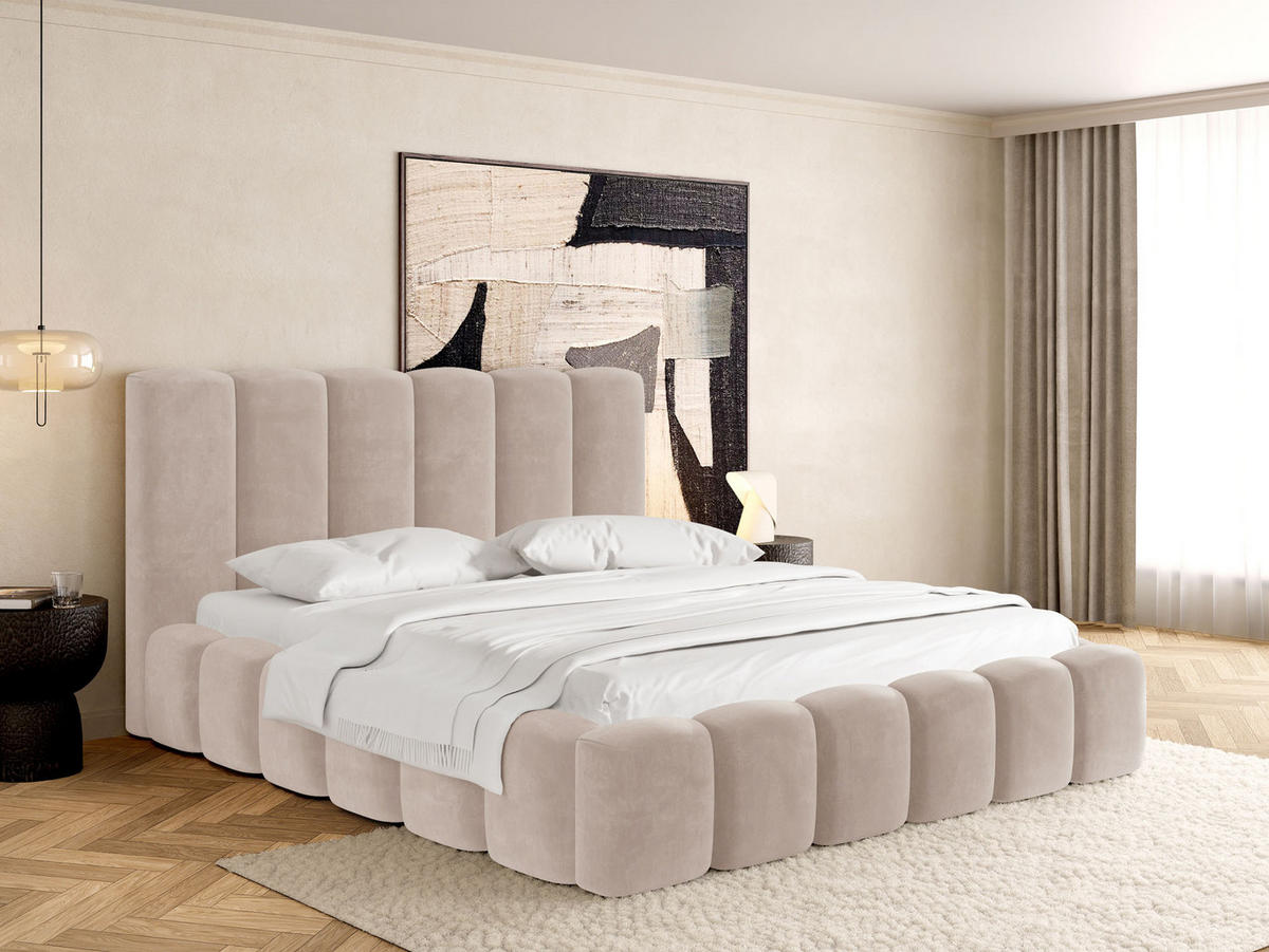 POLSTERBETT Serenity mit Bettkasten, Beige Samt 180x200 cm - Beige/Birkefarben, Holz/Holzwerkstoff (180/200cm) - WFL GROUP