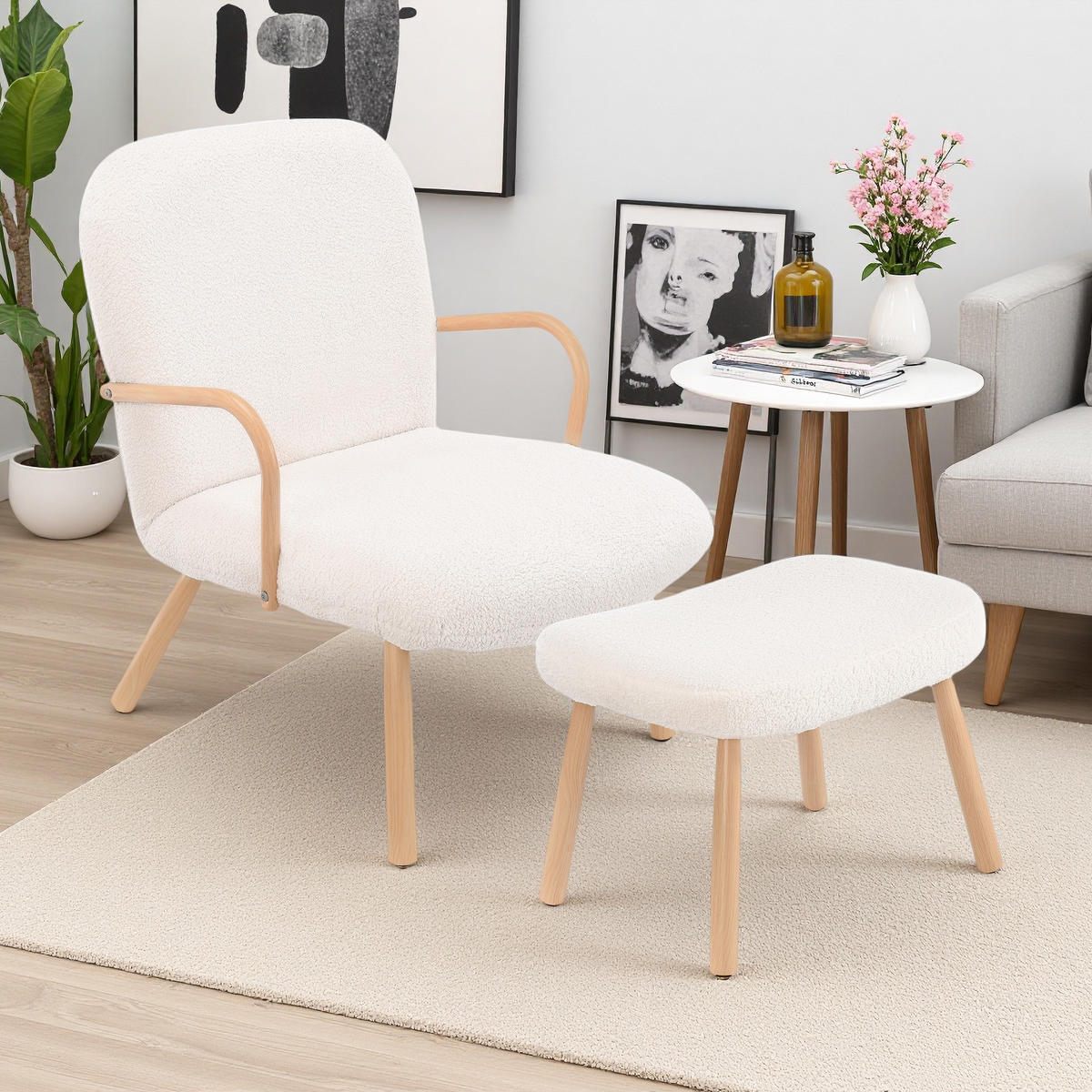 RELAXSESSEL MIT FUSSHOCKER, Lesesessel mit Armlehnen - Beige, Holz (64/82/58cm)