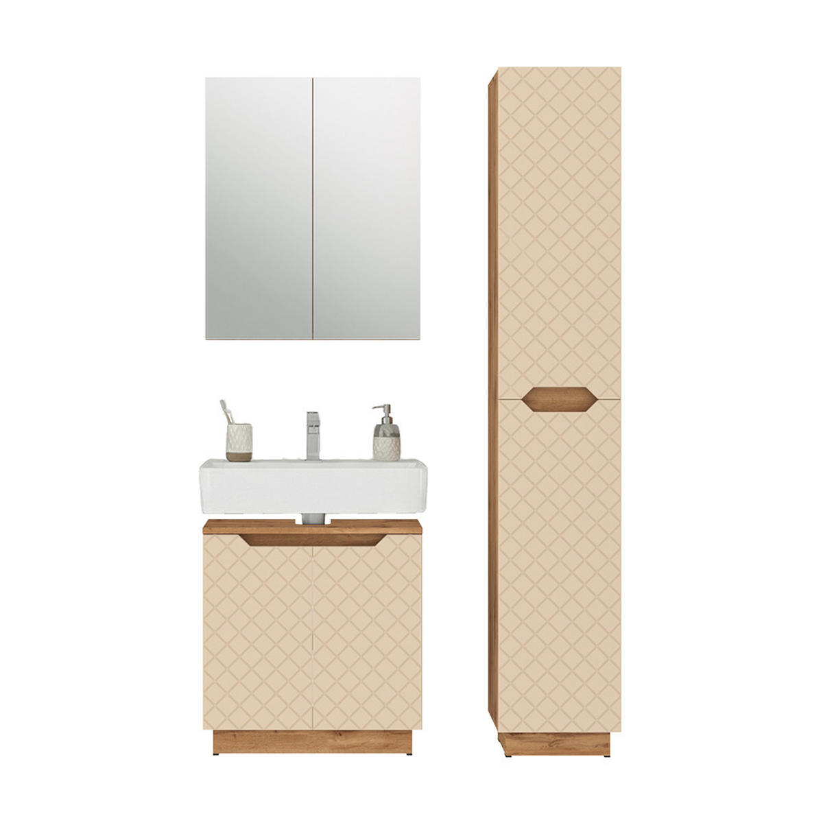 BADMÖBEL-SET Lotta Eiche/Kaschmir mit Kachelstruktur 3 Teile - Kaschmir, Holzwerkstoff (59.8/62.1/32cm) - Vicco