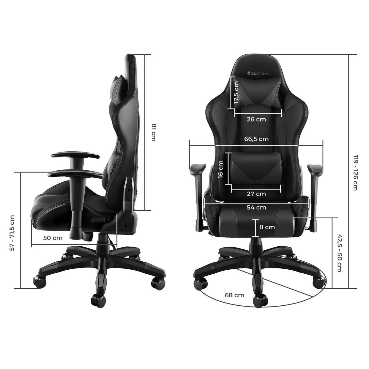 GAMINGSTUHL Tartaros, dicke Polsterung, Belastbarkeit 120 kg, schwarz/schwarz - Schwarz, Textil (66.5/126/69cm) - tectake