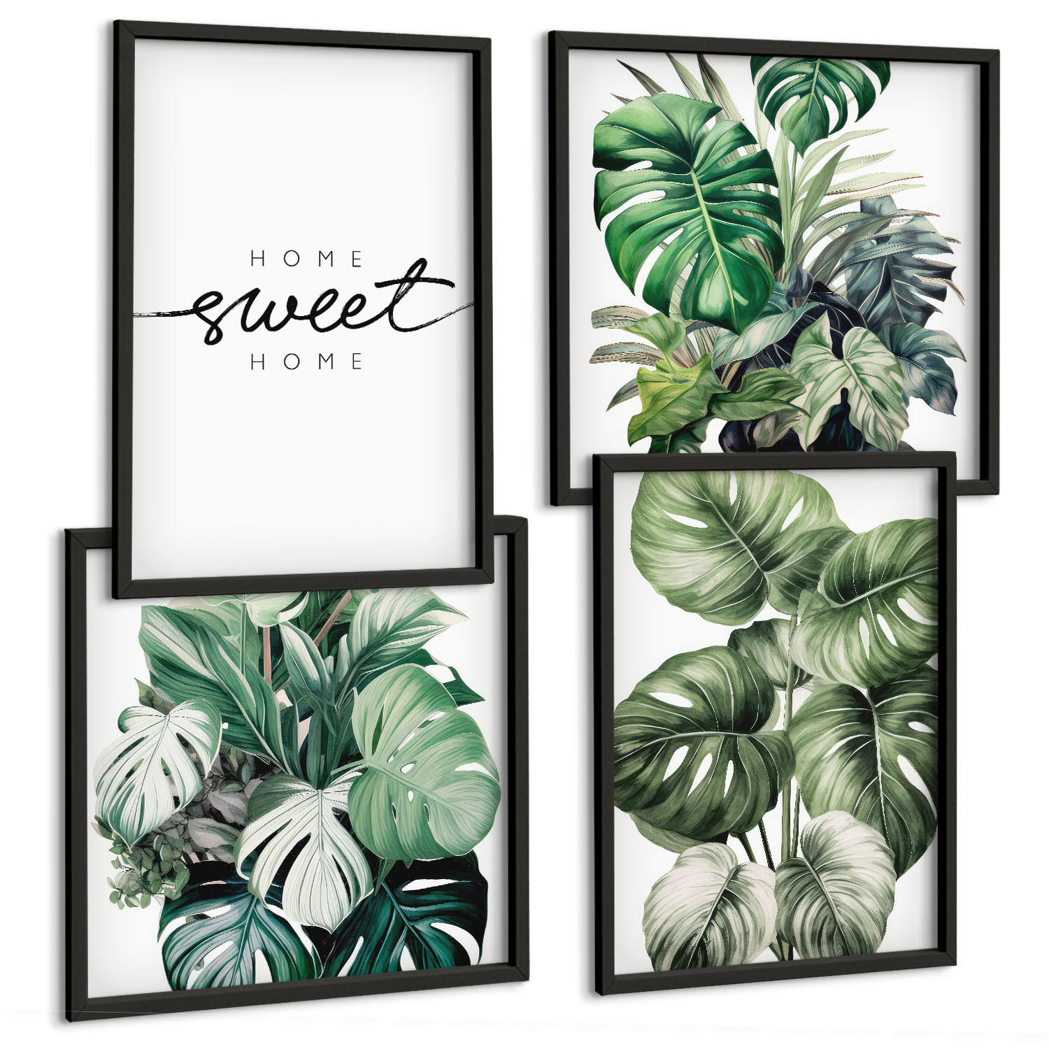 BILDER SET 4er Set - 50x50 cm & 40x60 cm Schwarzer Rahmen - Sweet Home Green Plants - Schwarz, Kunststoff (50/50cm) - TULUP