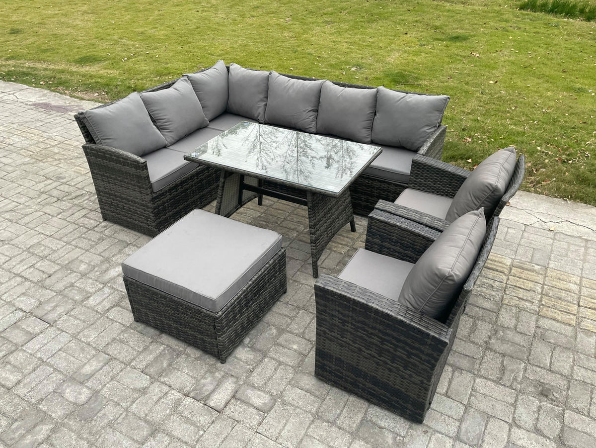 SITZGRUPPE mit Ecksofa,Rechteckiger Esstisch ,Hocker,2 Stühle Polyrattan 9-Sitzer - Dunkelgrau/Grau, Glas/Kunststoff - Fimous