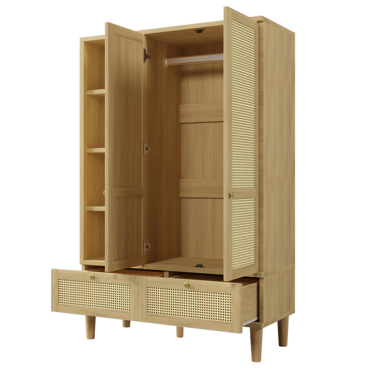 KLEIDERSCHRANK aus Holz 50x120x180 cm Eiche mit Rattanfronten, Kleiderstange, offenen Fächern und 2 Schubladen - Nussbaumfarben, Holzwerkstoff (120/180/50cm) - Modfu
