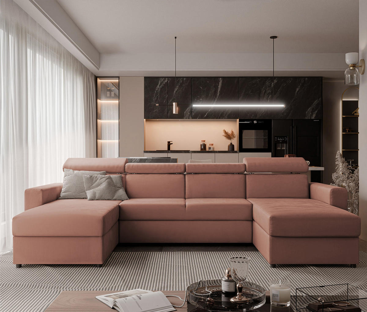 WOHNLANDSCHAFT BENI U II mit verstellbaren Kopfstützen und Schlaffunktion, Farbe: edles Rosa - Koralle/Schwarz, Kunststoff/Textil (302/60/166cm) - Idohome