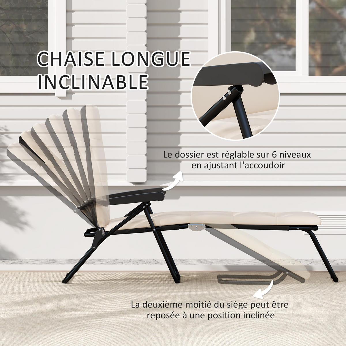 SONNENLIEGE DE-15653 153 cm, 6 Positionen, mit Matratze Creme - Creme, Metall (58.5/89/153cm) - ComfortXL