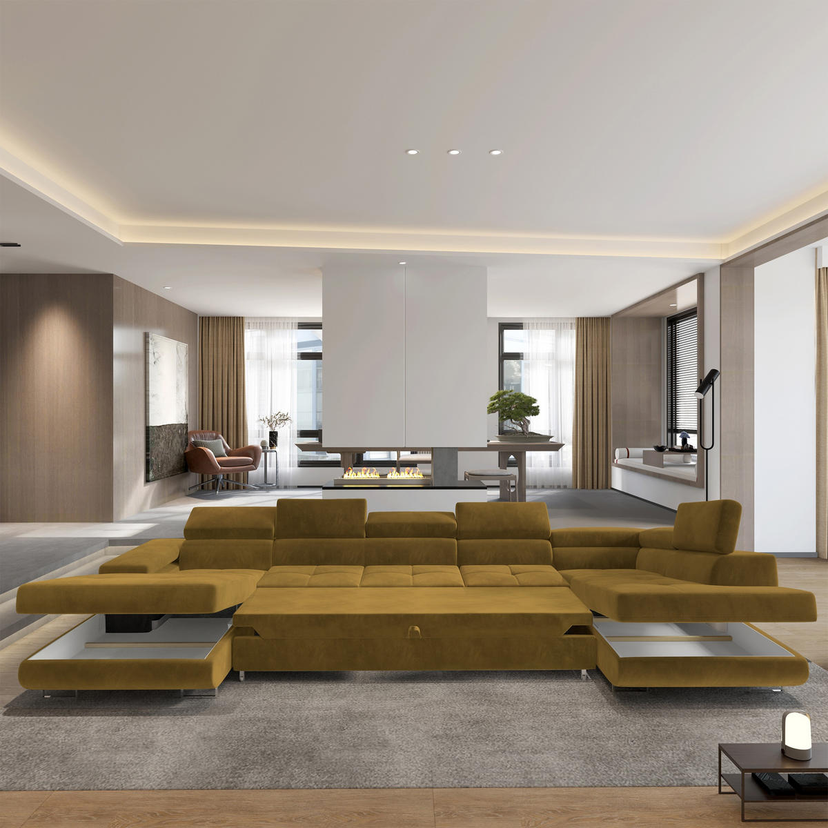 WOHNLANDSCHAFT TORIVA R-S Gelb Velours-Stoff mit Schlaffunktion - Gelb, Holz (418/90/202cm) - MASSENO