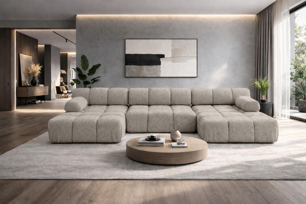 ECKSOFA U-Form, Stoff Bouclé Abriamo, Beige, Selia U - Beige, Holz (285/70/160cm) - Kaiser Möbel