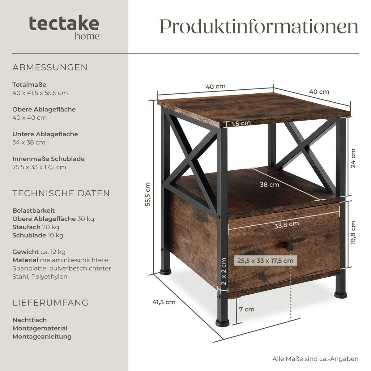 NACHTSCHRANK Falkirk, 40 x 41,5 x 55,5 cm, Industrial Holz dunkel, rustikal - Rostfarben, Holzwerkstoff (40/55.5/41.5cm) - tectake
