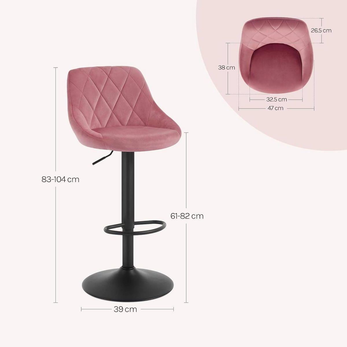 BARHOCKER 2er Set, aus Samt, Drehbar, Rosa - Schwarz/Rosa, Textil/Metall (47/83/39cm) - Woltu