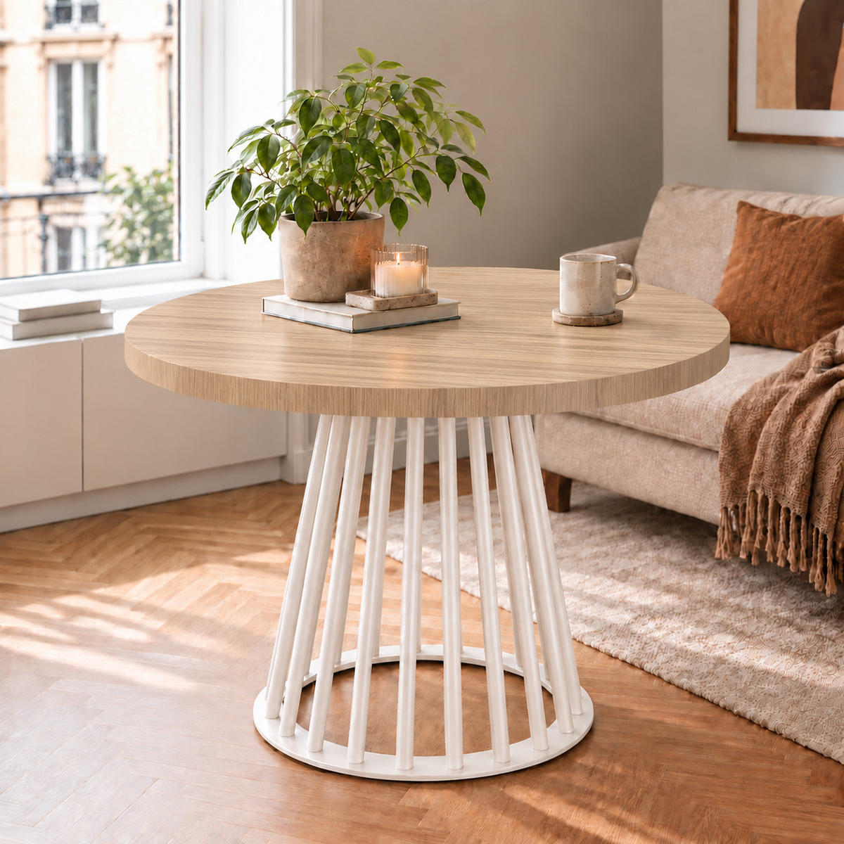 ESSTISCH rund ausziehbar 110/210/76 cm, Eiche Hikora Egger Natur, 54 cm Tischplatte + Lamellen-Metallgestell Weiß - Hellbraun/Eichefarben, Holzwerkstoff/Metall (110/210/76cm) - Damale Möbel