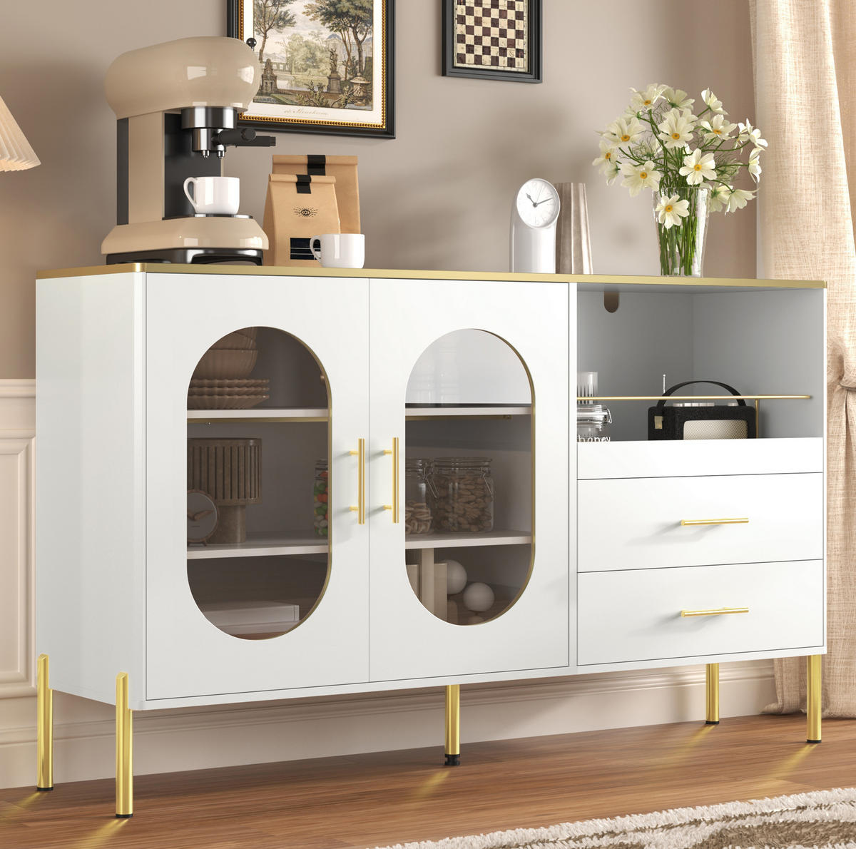 SIDEBOARD in Weiß mit goldenen Griffen und Beinen, 2 Schubladen und 2 Glastüren, 140/38/90 cm, Weiß - Weiß, Holzwerkstoff (120/90/38cm) - Redom