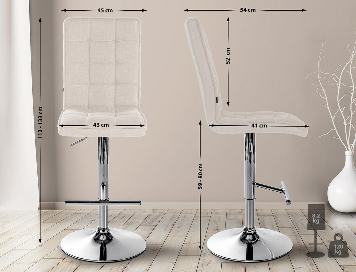 BARHOCKER Stoff creme - Chromfarben/Creme, Textil/Metall (45/112/54cm) - CLP