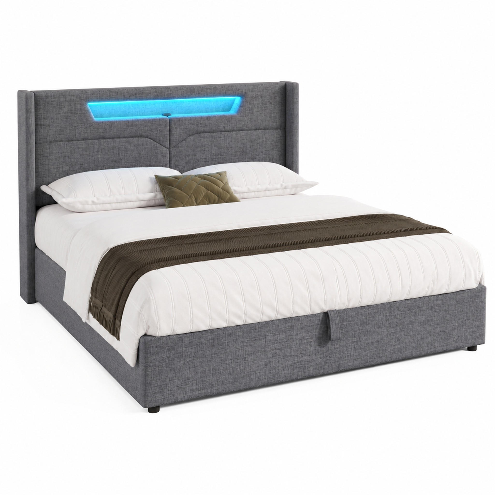POLSTERBETT mit LED und USB/Type-C 140x200 cm Leinen Grau - Grau, Metall (140/200cm) - Meubliv